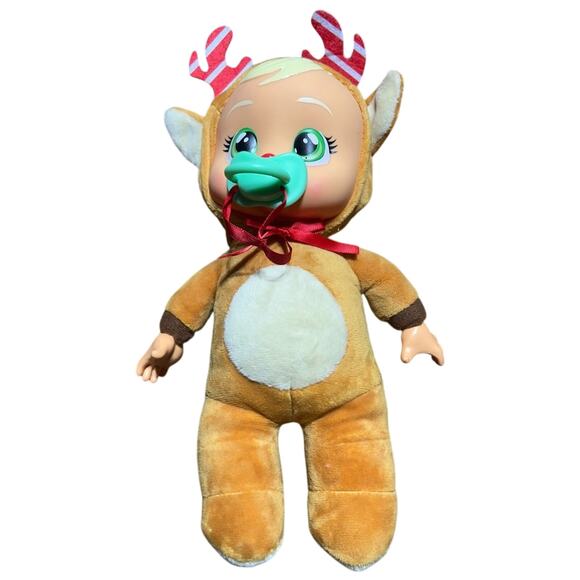 Adorable Reindeer Cry Baby Doll with Green Pacifier - Picture 1 of 3